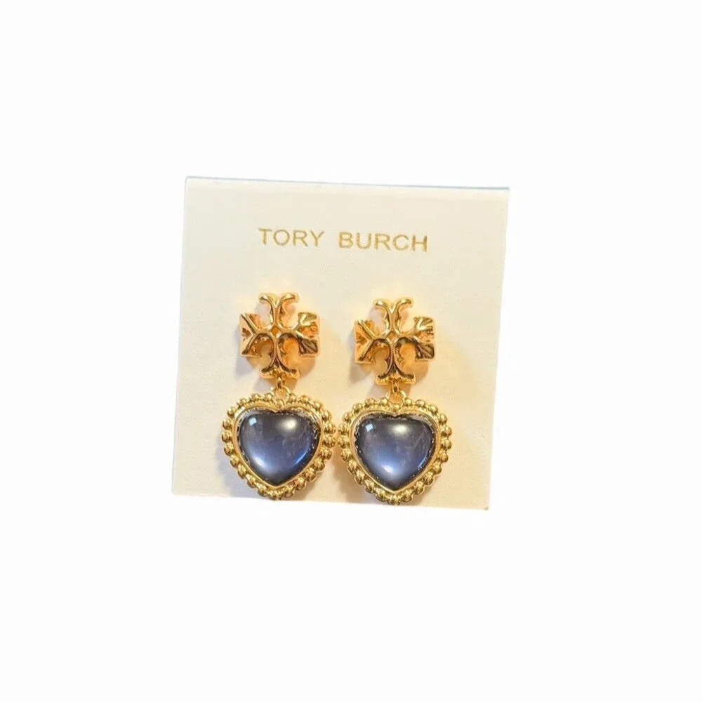 Tory Burch Roxanne Earrings Blue Heart Drop Dangle Gold Tone Logo Stud